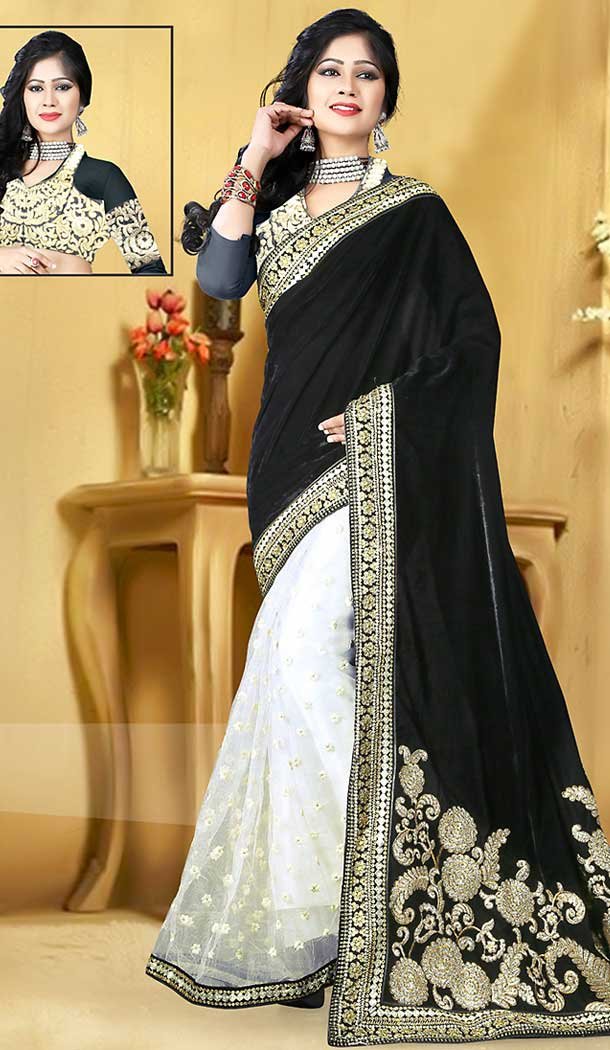 Black Color Net Velvet Contemporary Style Saree | FH509577579