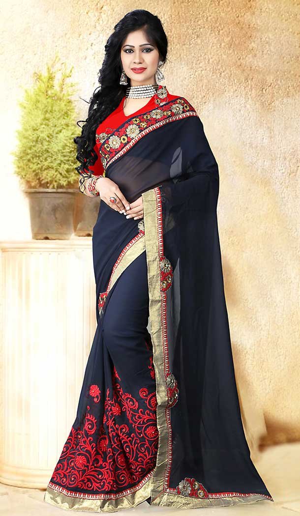 Navy Blue Color Georgette Contemporary Style Saree | FH509577581