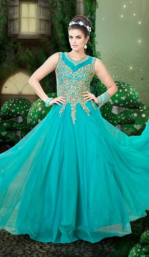 Turquoise Color Net Embroidery Work Party Wear Style Gowns | FH509677634