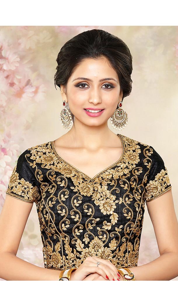 Black Color Silk Pointed U Neck Designer Readymade Blouse | FH511777911