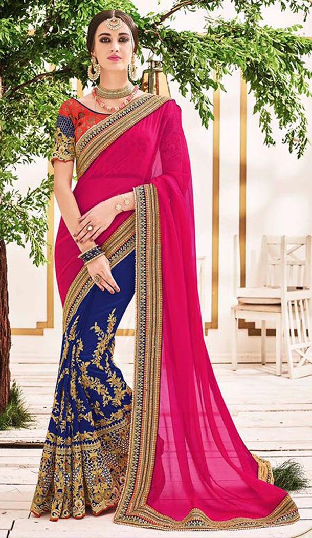Georgette Fabric Deep Pink Color Half and Half Style Designer Saris | FH512077979