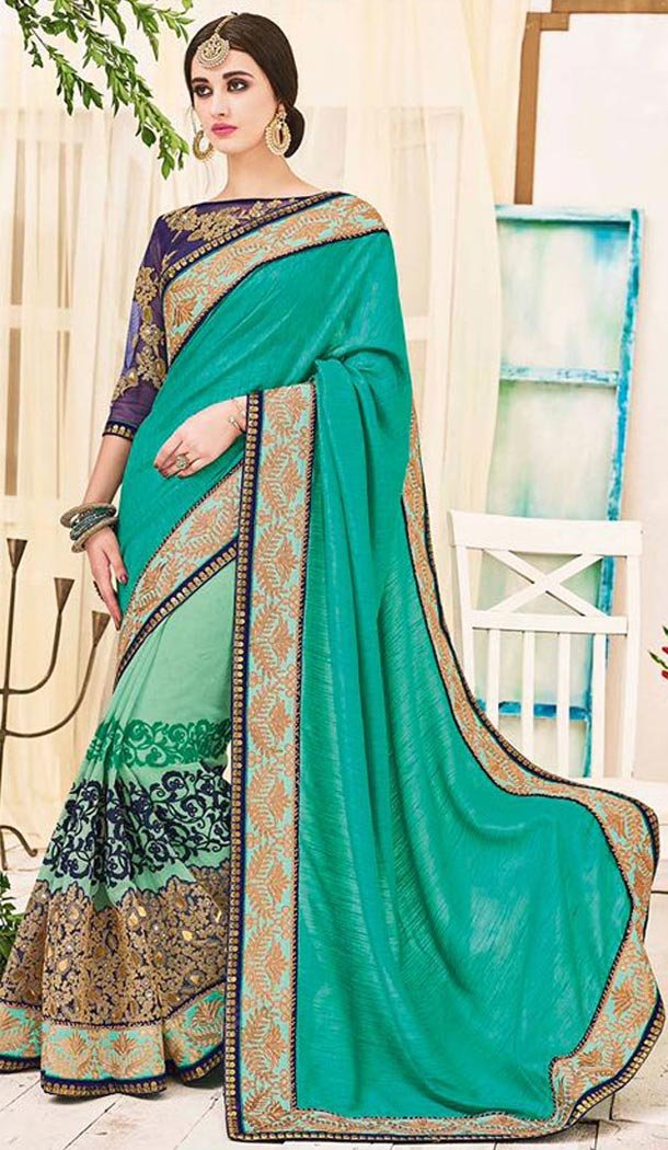Georgette Fabric Emerald Color Traditional Style Designer Saris | FH512077982
