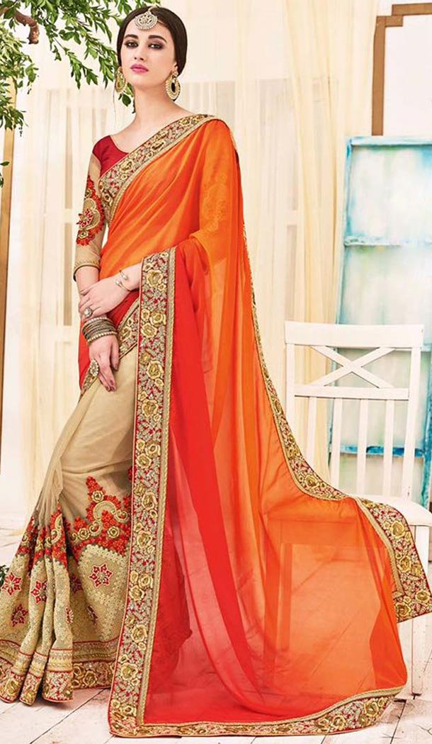 Georgette Fabric Orange Color Traditional Style Designer Saris | FH5120785