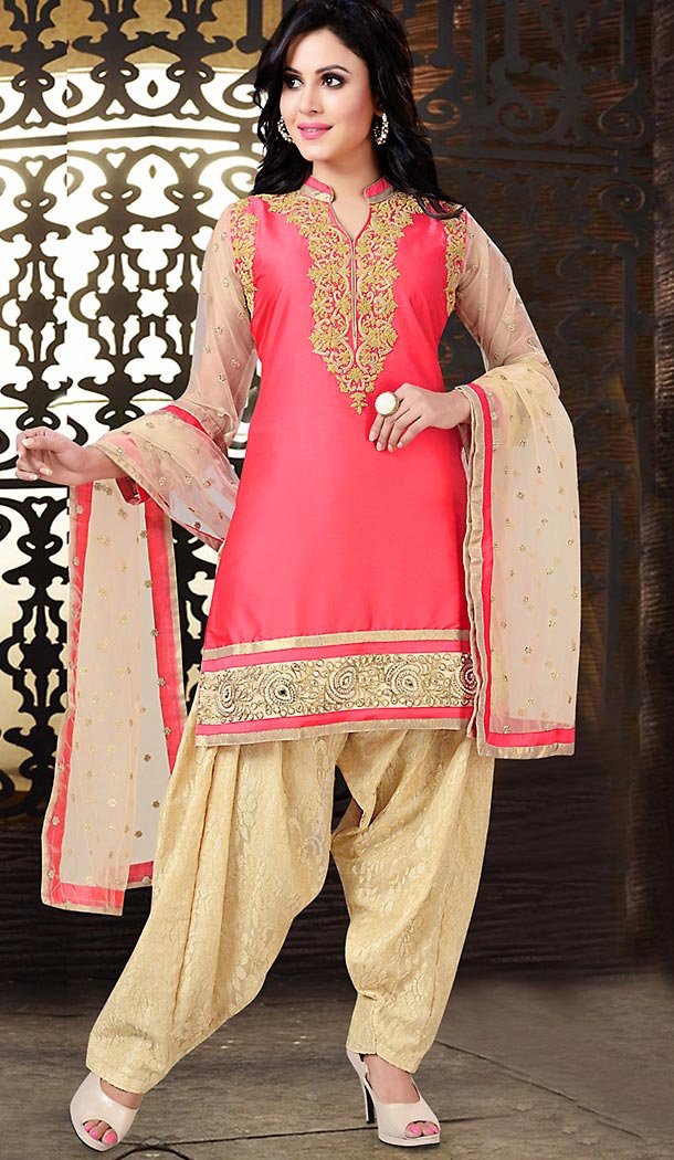 Pink Color Chanderi Silk Straight Cut Readymade Punjabi Patiyala Suit | FH512878080