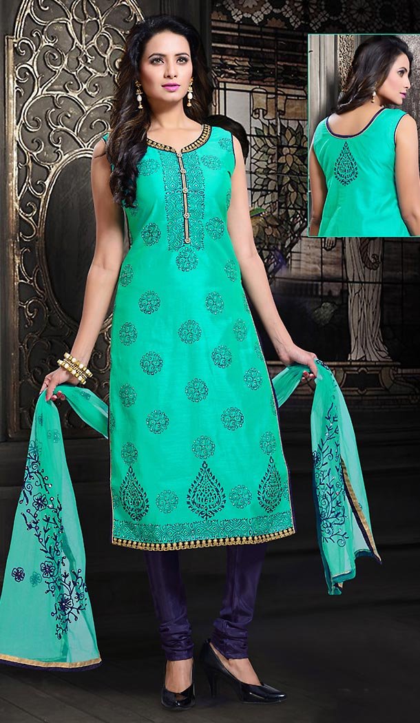 Turquoise Color Chanderi Silk Straight Cut Readymade Churidar Suit | FH512878082