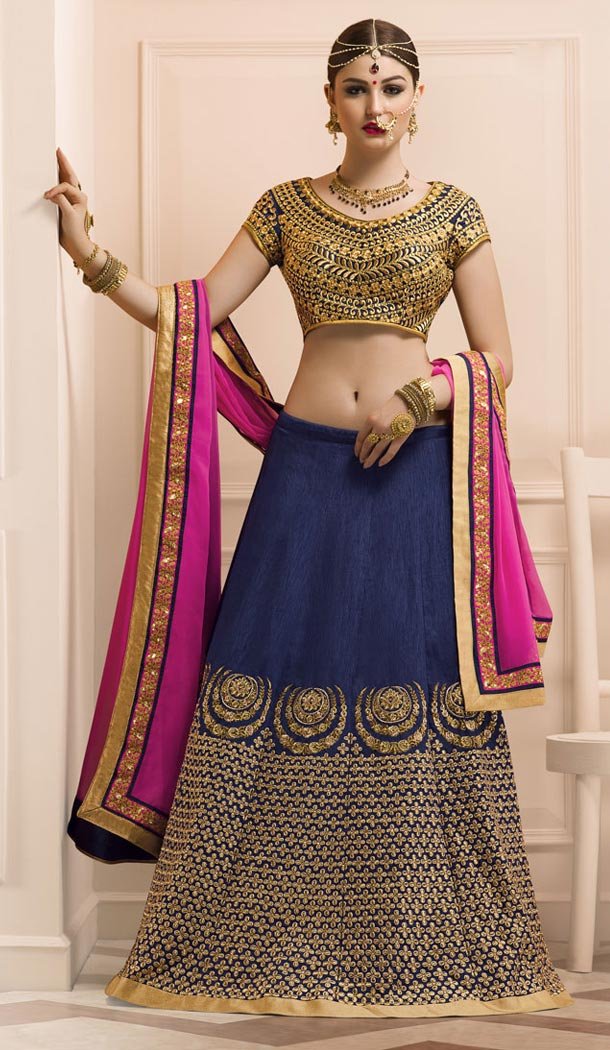 Navy Blue Color Silk A Line Style Designer Lehenga Choli | FH513478240