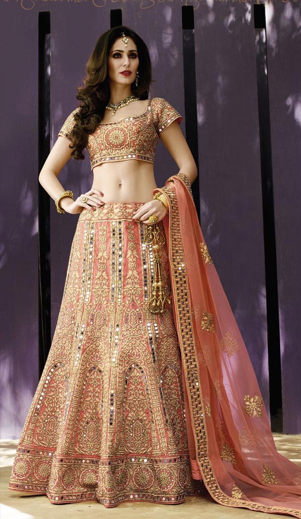 Salmon Color Silk A Line Style Designer Lehenga Choli | FH513678228