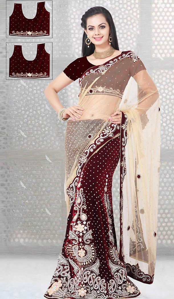 Lehenga Style Wedding Lehenga Saree in Maroon Color Net Velvet | FH515578419