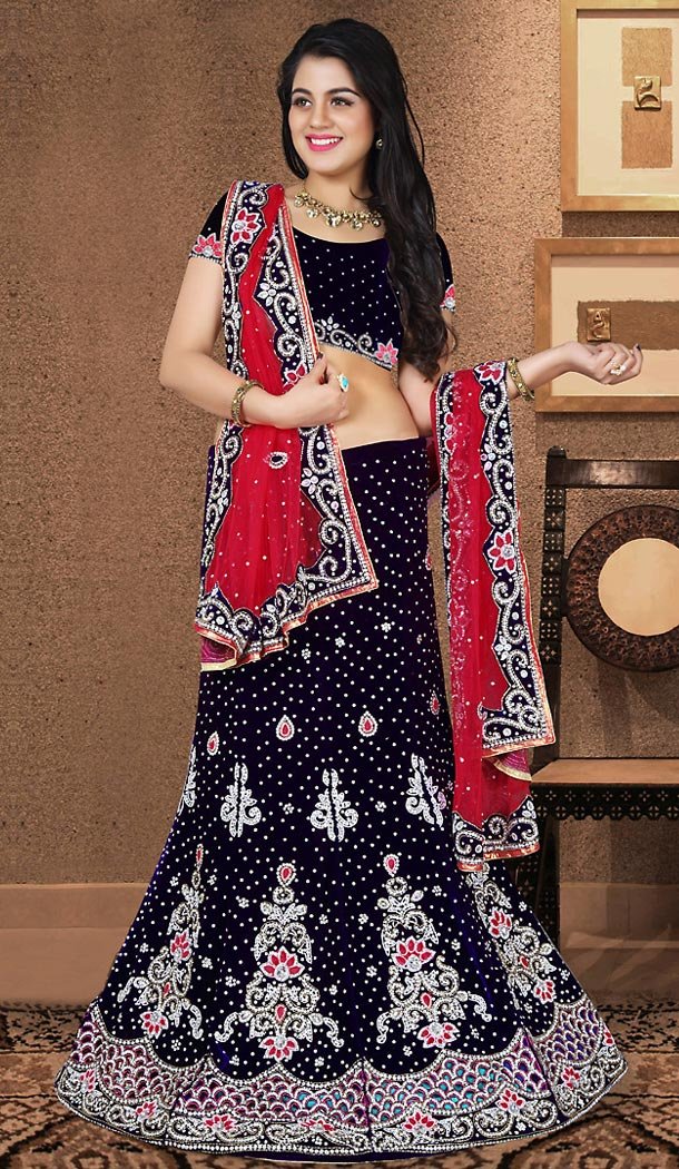 A Line Lehenga Wedding Lehenga Choli in Navy Blue Color Velvet | FH515678426