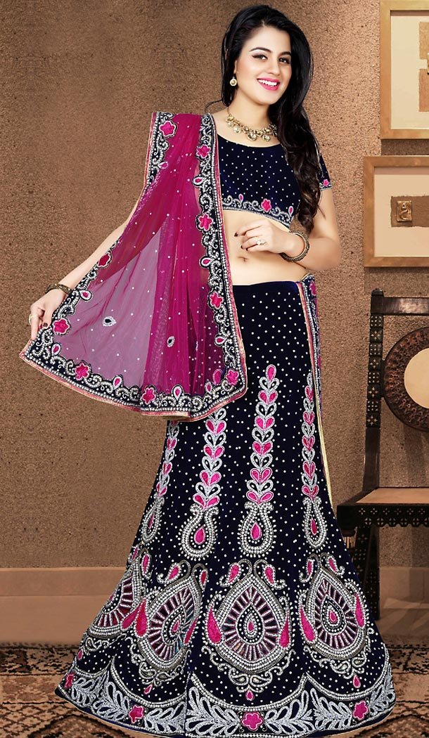 A Line Lehenga Wedding Lehenga Choli in Blue Color Velvet | FH515678429