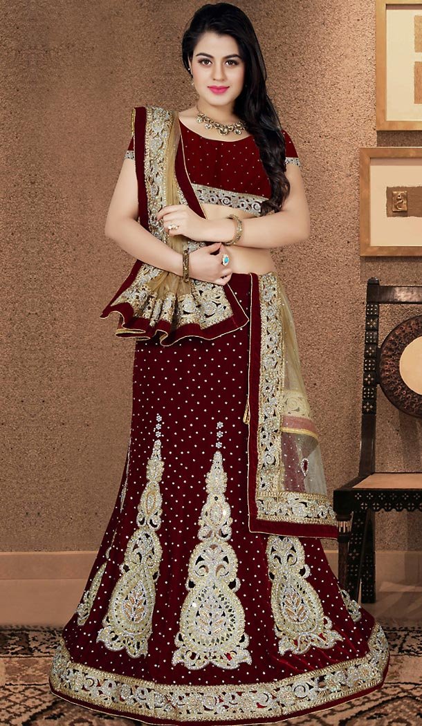 A Line Lehenga Wedding Lehenga Choli in Maroon Color Velvet | FH515678431