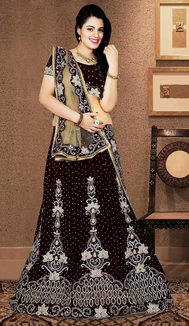 A Line Lehenga Wedding Lehenga Choli in Maroon Color Velvet | FH515678432