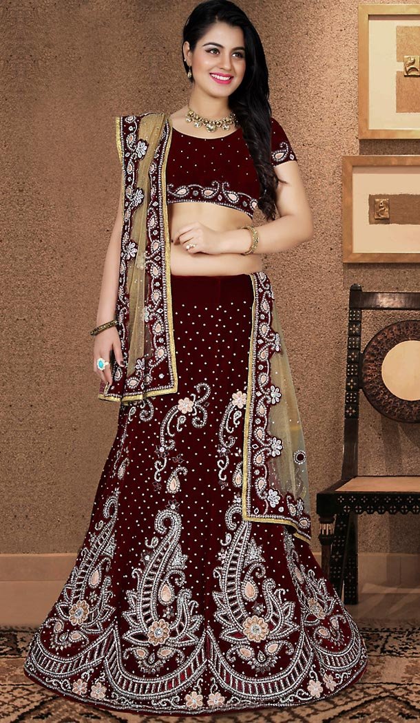 A Line Lehenga Wedding Lehenga Choli in Maroon Color Velvet | FH515678433