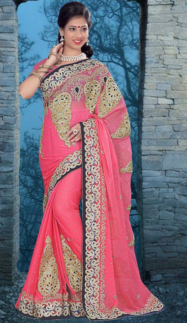 Traditional Style Designer Saree in Chiffon Satin Rose Pink Color | FH516078486