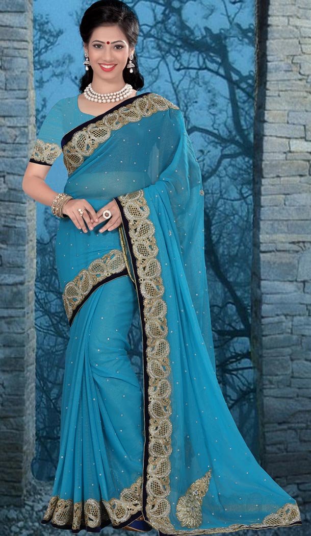 Traditional Style Designer Saree in Chiffon Shimmer Sky Blue Color | FH516078491