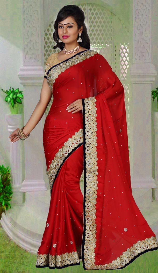 Party Wear Style Saree in Chiffon Satin Red Color | FH516478526