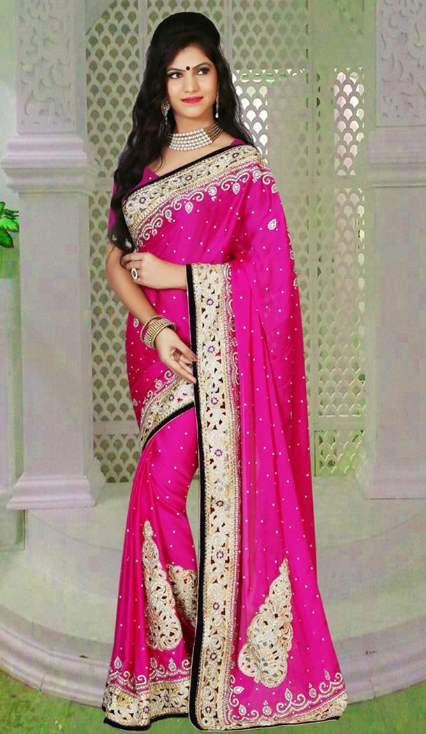 Party Wear Style Saree in Chiffon Satin Deep Pink Color | FH516478527