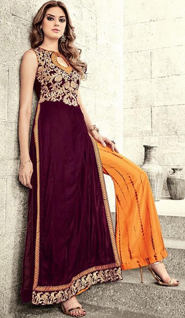Velvet Fabric Pakistani Style Salwar Kameez in Orange Color | FH519978940