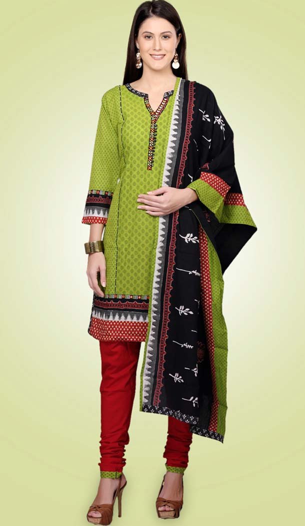 Party Readymade Churidar Kameez in Cotton Fabric With Parrot Green Color | FH520278980