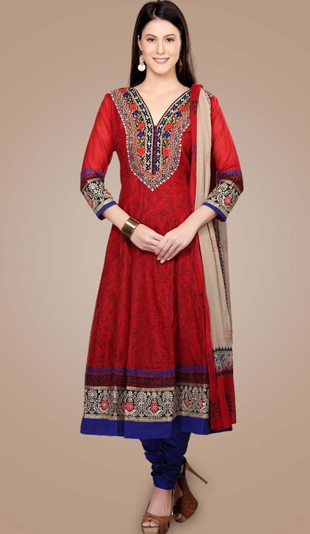 Party Readymade Churidar Kameez in Cotton Fabric With Red Color | FH520278982
