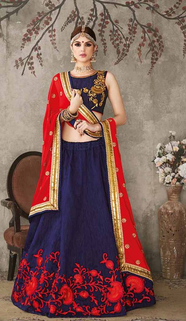 Pure Silk Navy Blue Color Sangeet Mehendi Wear Lehenga Choli | FH521879139