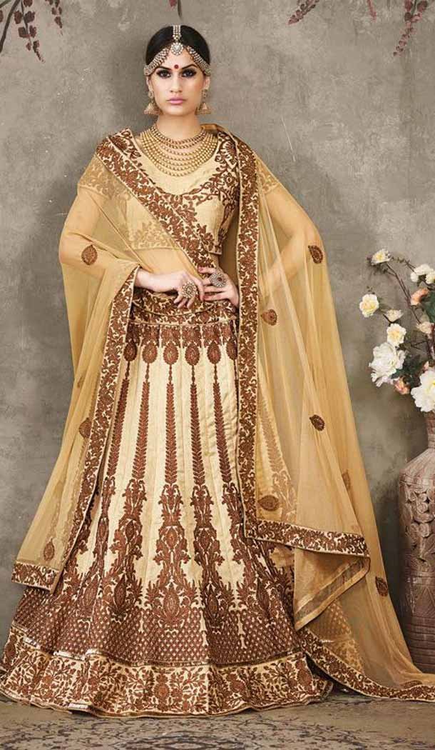 Pure Silk Beige Color Sangeet Mehndi Wear Lehenga Choli | FH521879142