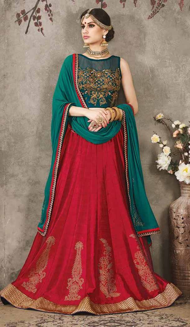 Pure Silk Crimson Color Sangeet Mehndi Wear Lehenga Choli | FH521879145