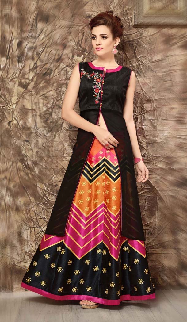 Silk Lehenga Style Readymade Party Wear Dress in Black Color | FH523079258