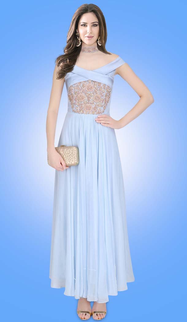 Party Wear Readymade Gown In Crepe Silk Sky Blue Color | FH524379383
