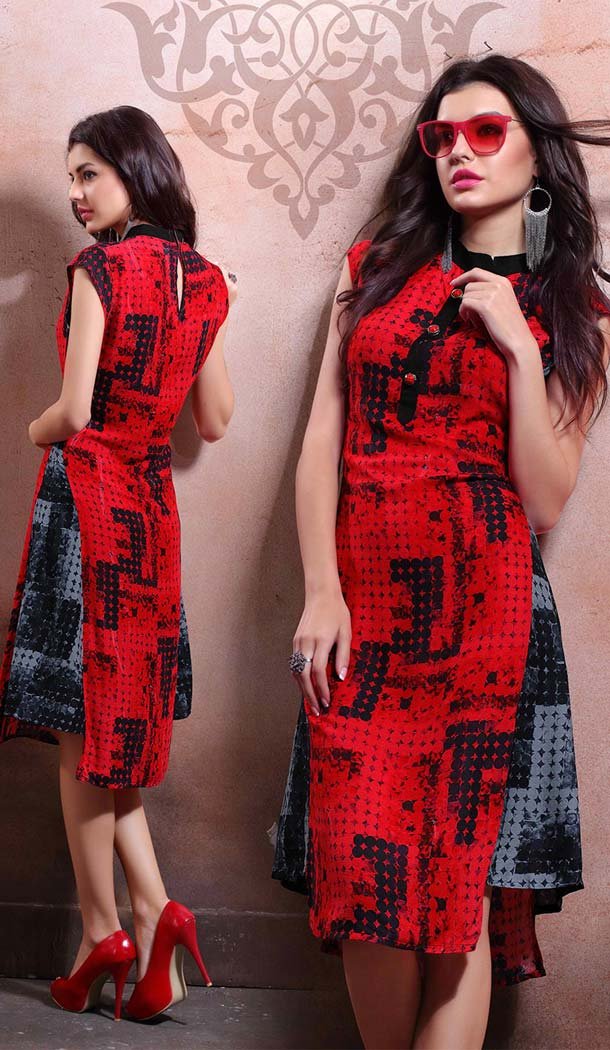 Party Wear Straight Cotton Readymade Tops in Red Color | FH525779541
