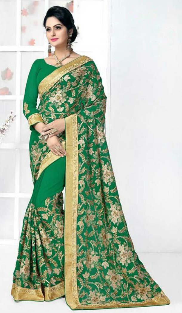 Georgette Fabric Party Wear Saree in Chrome Green Color | FH526279574