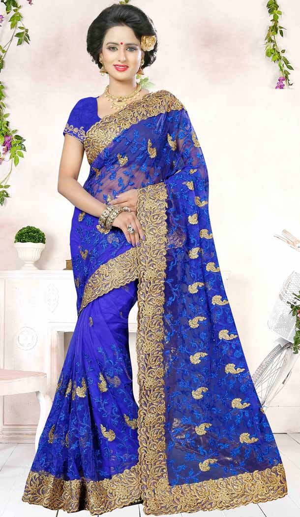 Designer Embroidery Blue Color Net Ethnic Wear Sarees | FH527280288