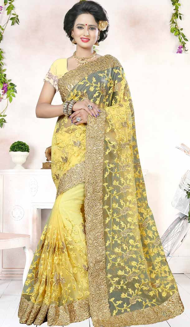 Designer Embroidery Yellow Color Net Ethnic Wear Sarees | FH527280291