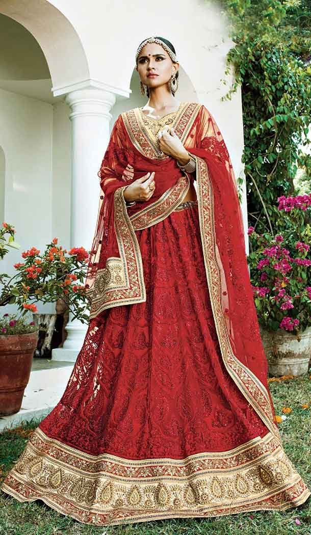 Red Color Net Circular Style Bridal Designer Lehenga Choli | FH529079977