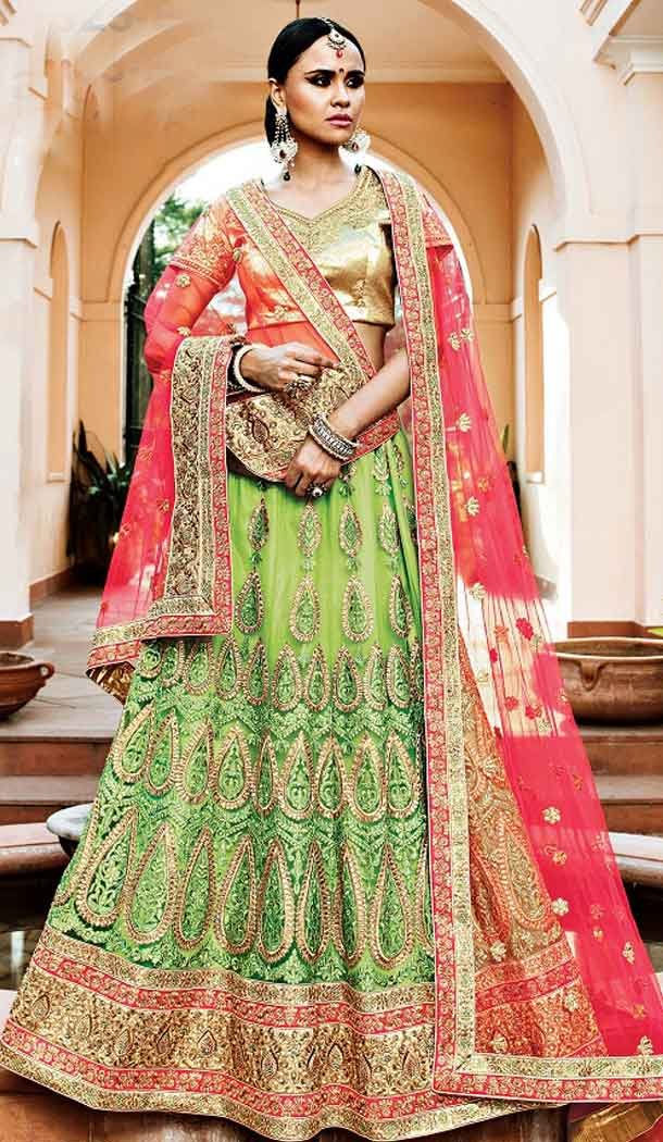 Parrot Green Color Net Circular Style Bridal Designer Lehenga Choli | FH529079981
