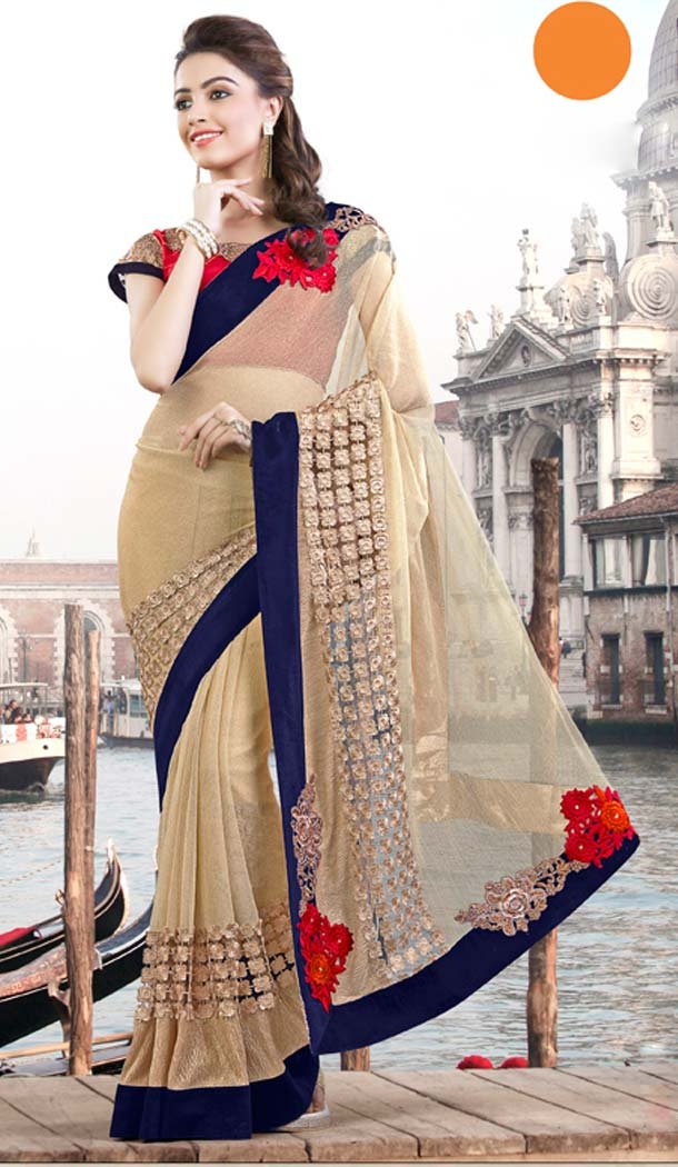 Beige Color Georgette Treditioanl Wear Saris | FH529880062