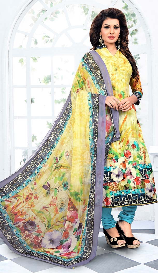 Geometric Print Georgette Fabric Churidar Kameez in Yellow Color | FH530480132