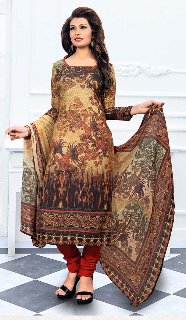 Geometric Print Georgette Fabric Churidar Kameez in Beige Color | FH530480135