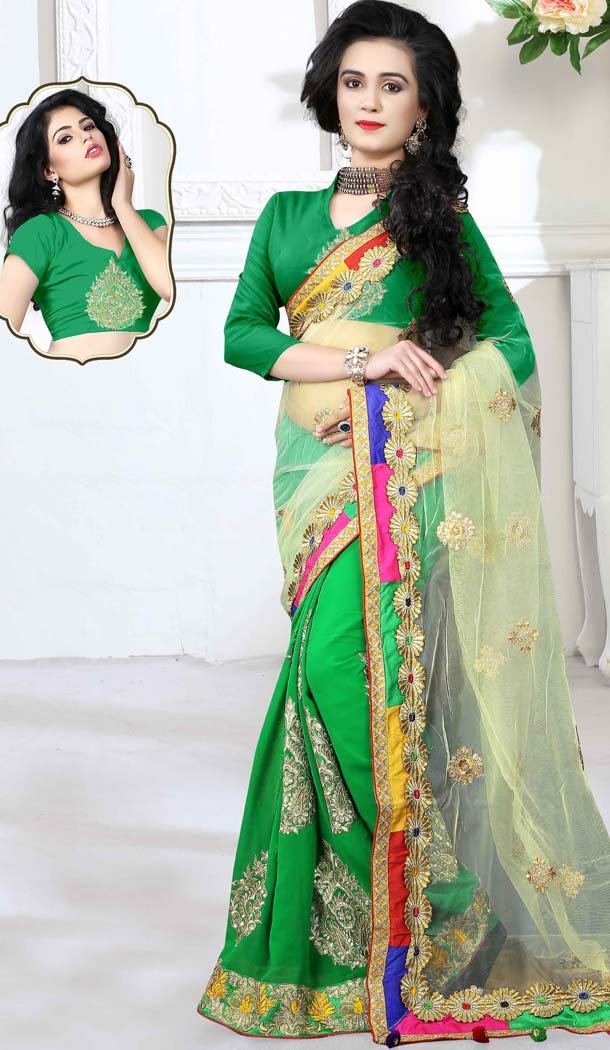 Lime Green Color Georgette,Net Casual Wear Saris Blouse | FH530680171
