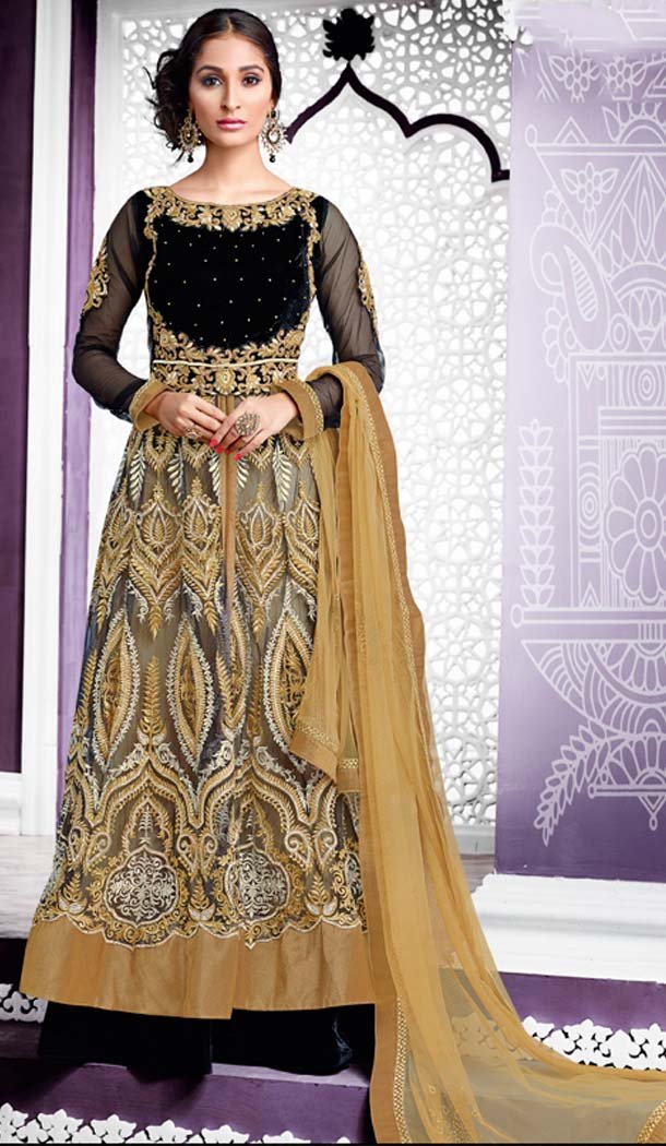 Anarkali Net Designer Wear Lehenga Suits in Black Color | FH530980207