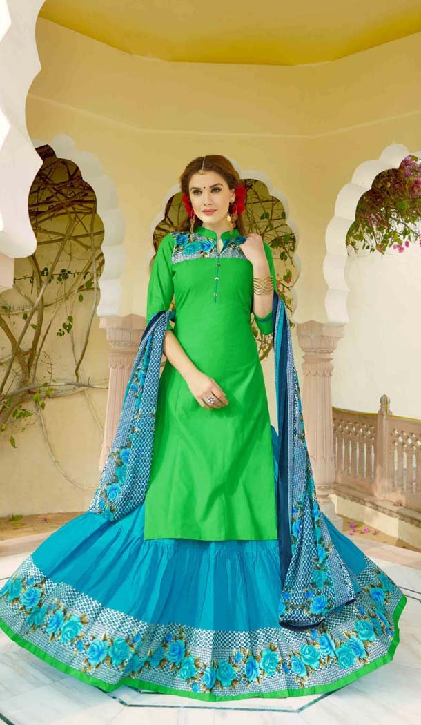 Lime Green Color Cotton Fabric Printed Lehenga Style Dress | FH531680362