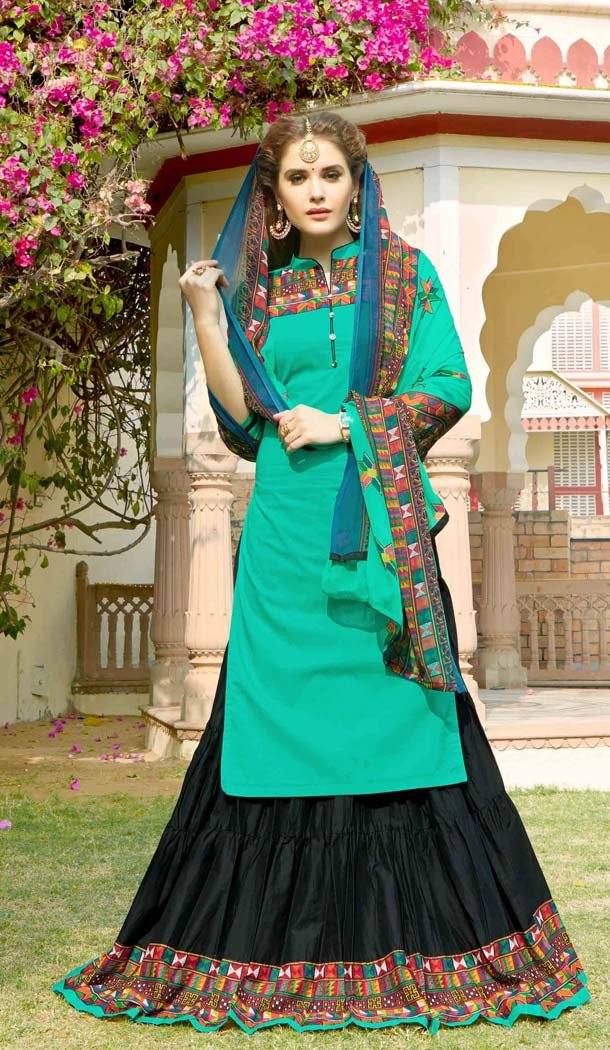 Turquoise Color Cotton Fabric Printed Lehenga Style Dress | FH531680364