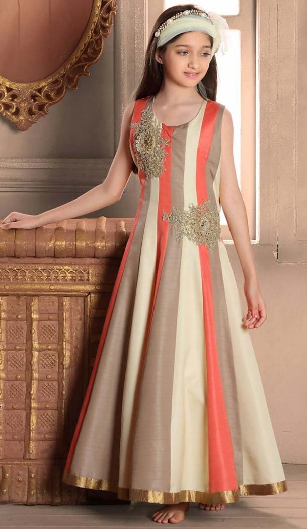 Orange,Off White Color Banasari silk Fabric Readymade Kids Girl Gowns | FH00021016