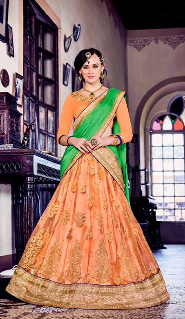 Embroidery Traditional Wear Lehenga Choli in Net and Orange Color | FH531780369