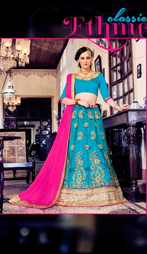 Embroidery Traditional Wear Lehenga Choli in Net and Aqua Blue Color | FH531780374