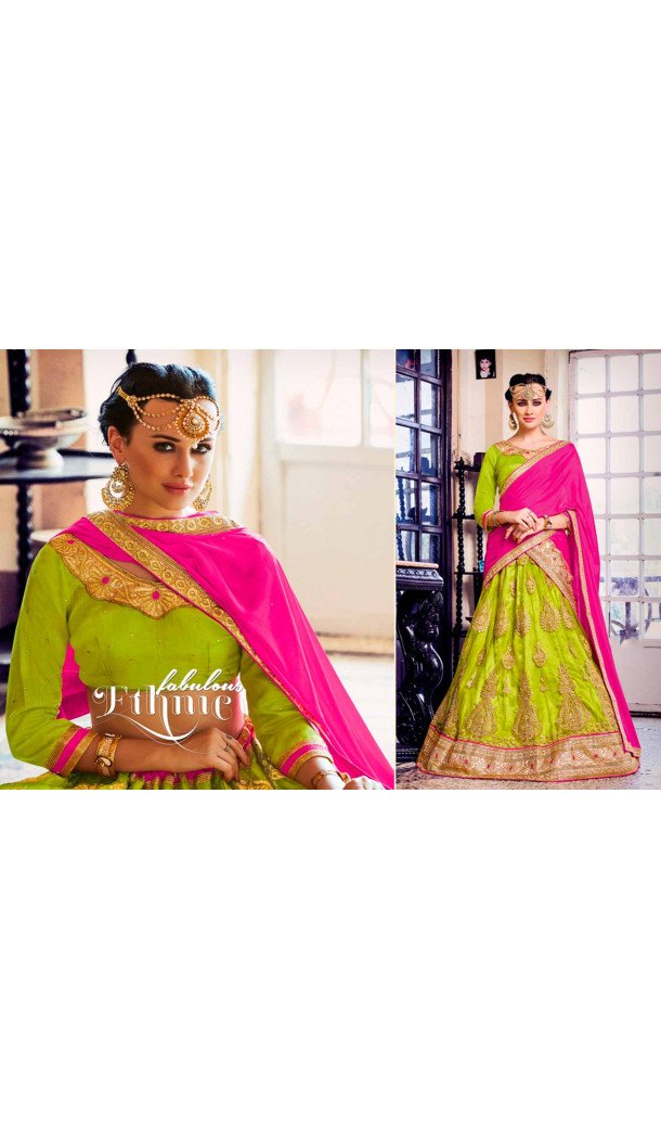 A Line Style Parrot Green Color Net Traditional Wear Lehenga Choli | FH531880379