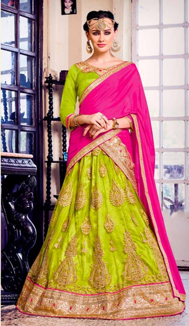 A Line Style Parrot Green Color Net Traditional Wear Lehenga Choli | FH531880379
