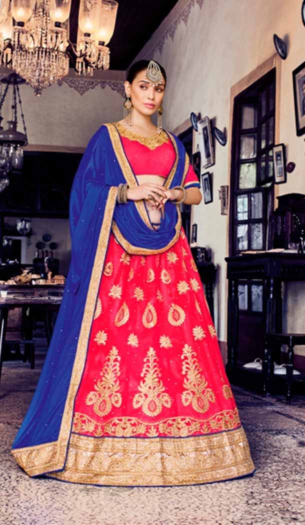 A Line Style Parrot Pink Color Net Traditional Wear Lehenga Choli | FH531880380