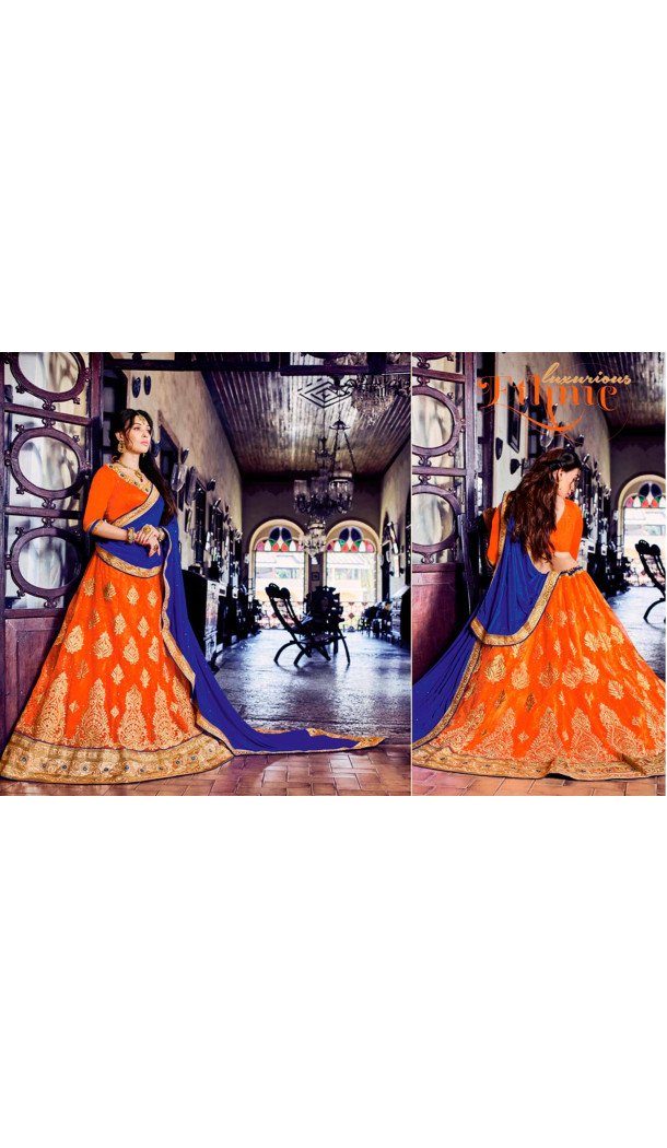 A Line Style Orange Color Net Traditional Wear Lehenga Choli | FH531880386
