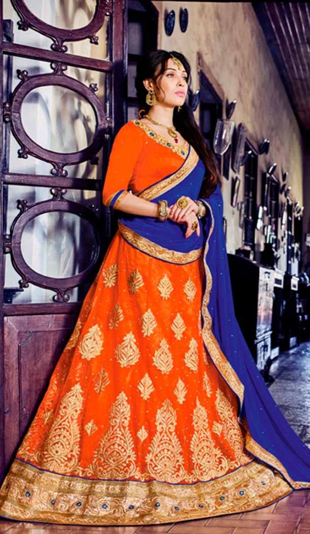 A Line Style Orange Color Net Traditional Wear Lehenga Choli | FH531880386